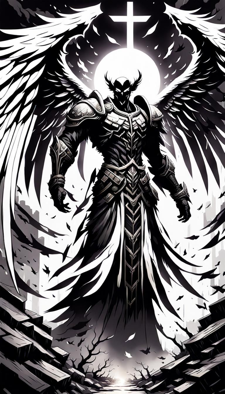Fallen Angel in Manga Style with Two-Colored Wings