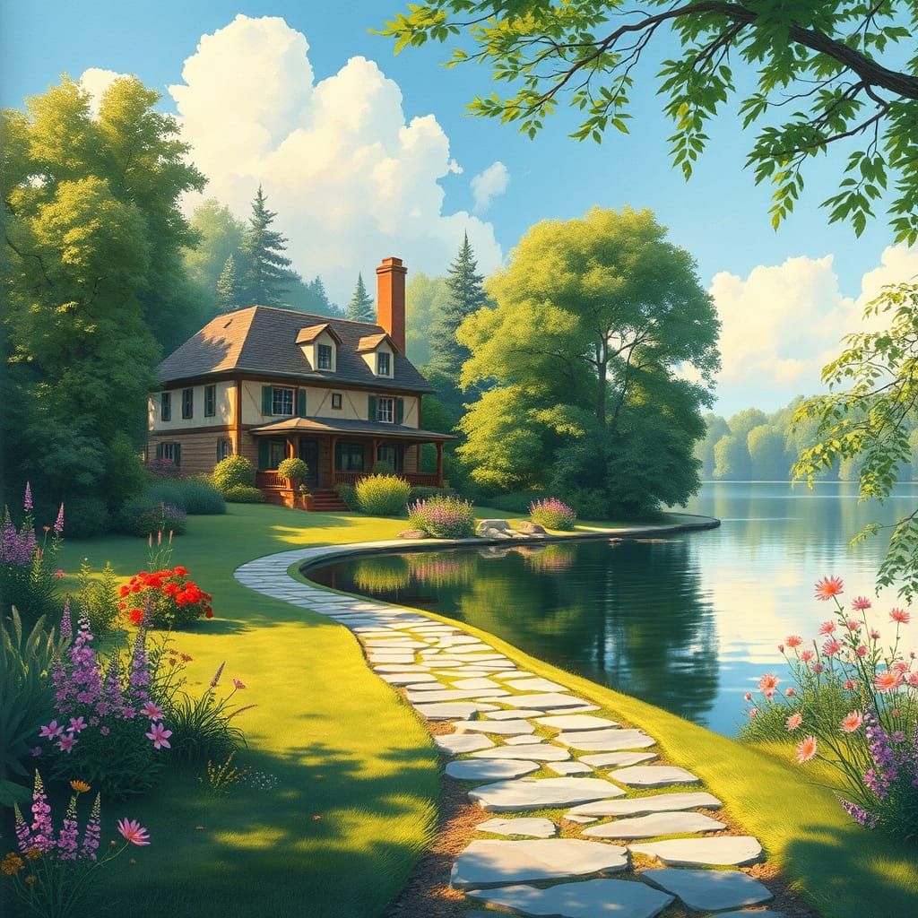 Serene Lakeside Estate in Dreamy Impressionist Style