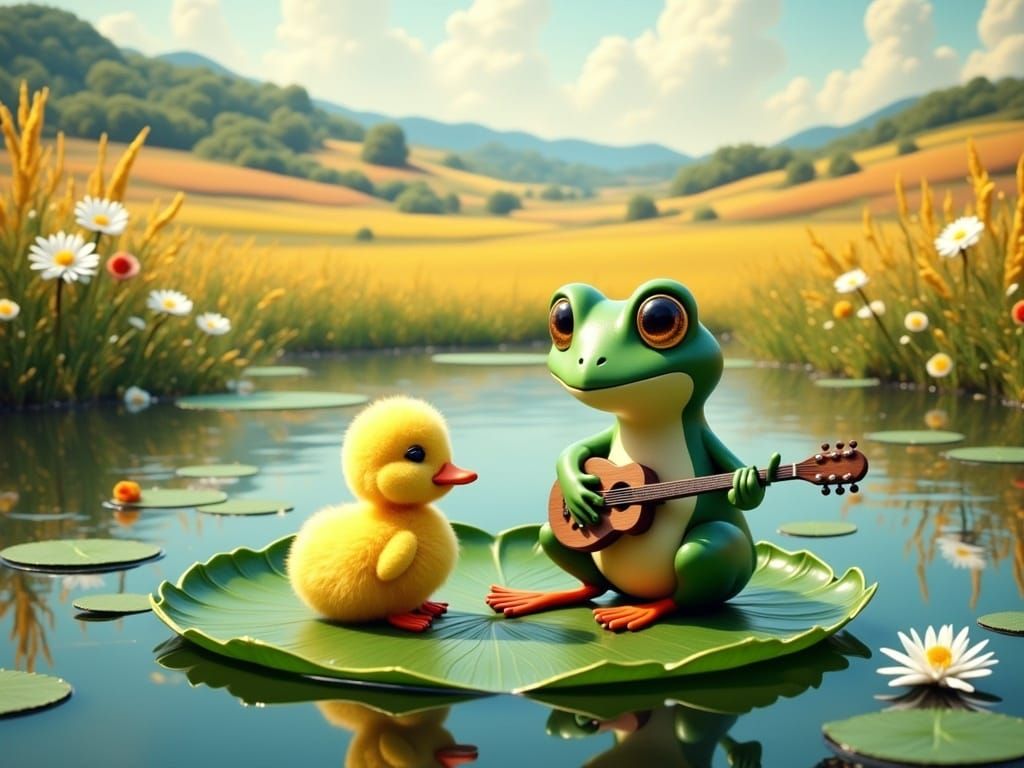 Duckling and Frog Serenade in Lily Pond