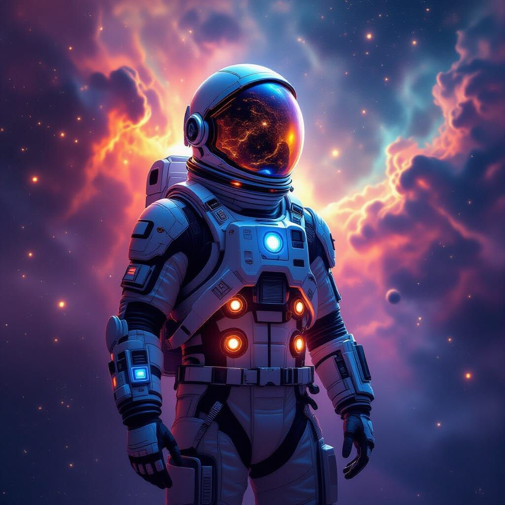 Astronaut in Nebula with Biomechanical Suit, Airbrush Style
