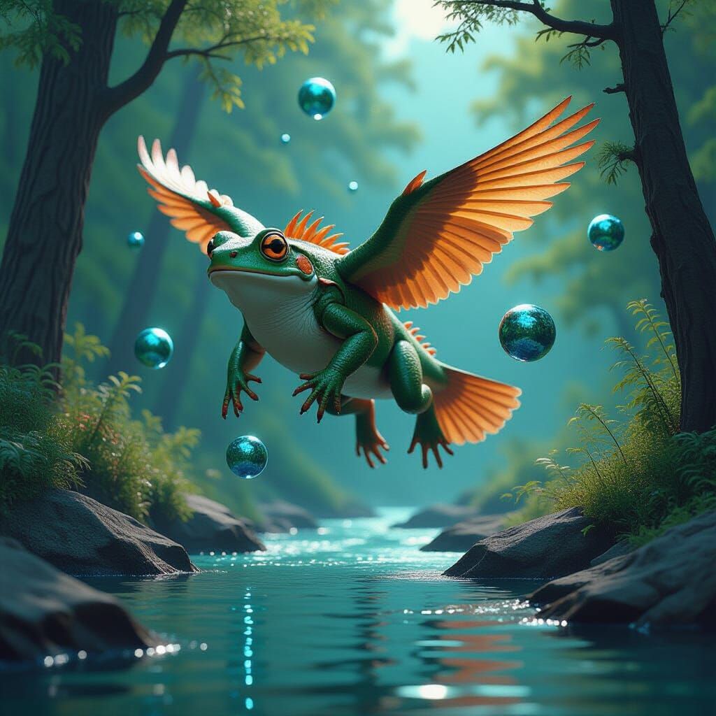 Fantastic Flying Hybrid Creature Over Forest River