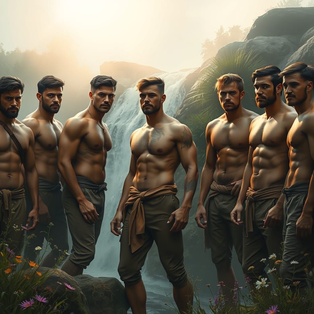 Ethereal Grotto: Muscular Men by Waterfall, Art Nouveau Styl...