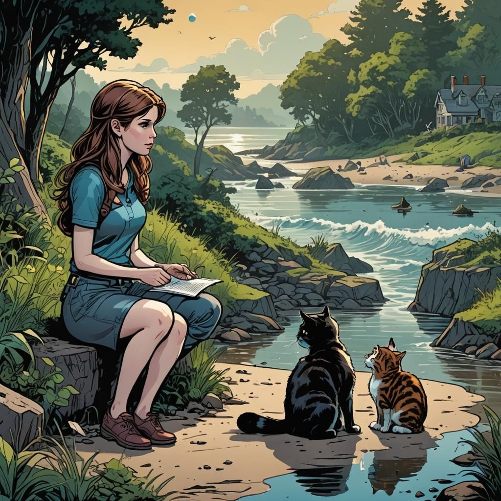 Anna Kendrick Chatting with Cat on Shoreline