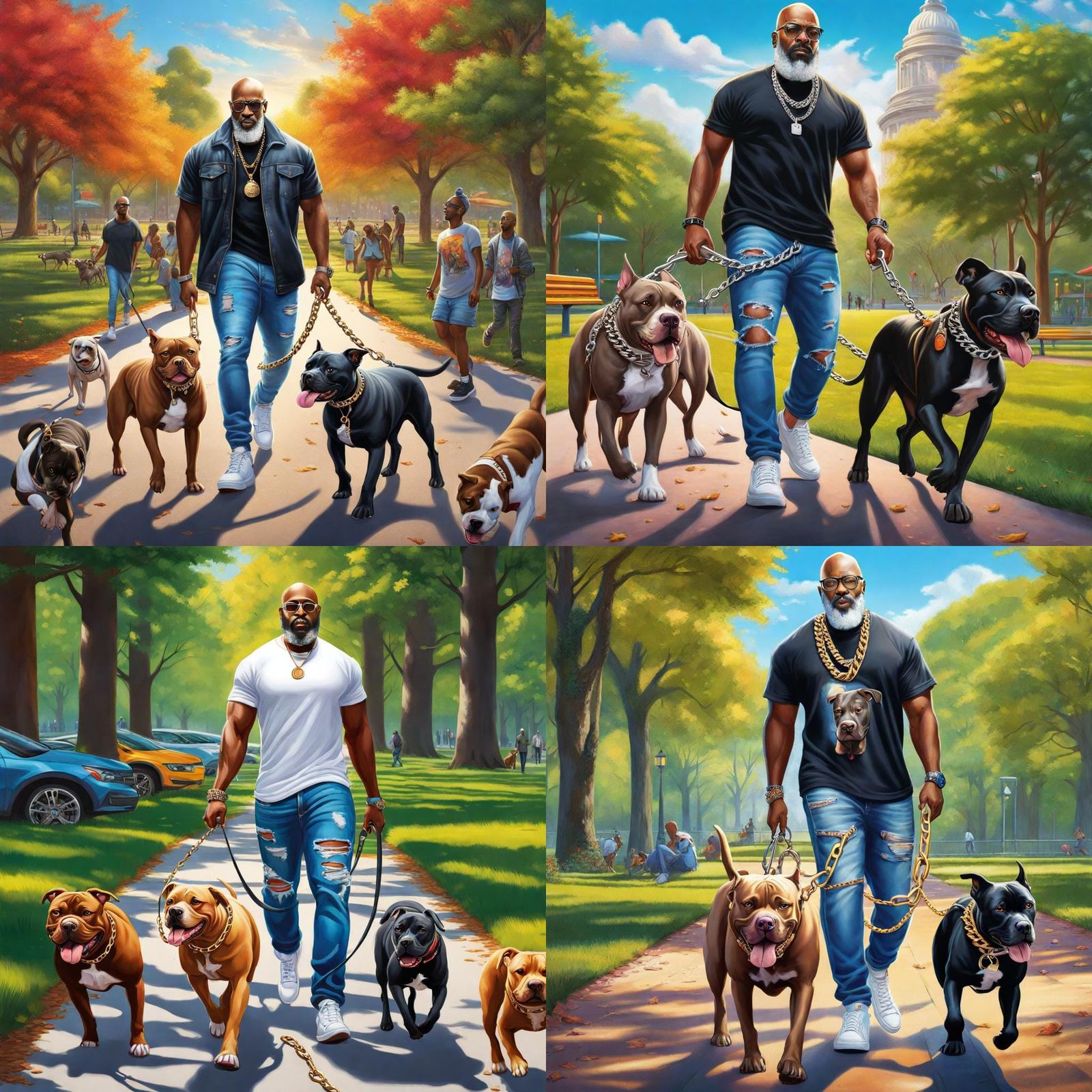 Man Walking Pit Bulls in Park: Ultra-Realistic Image