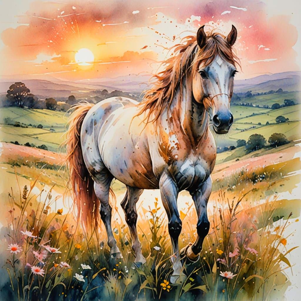 Idyllic Countryside at Dawn in Watercolour Style