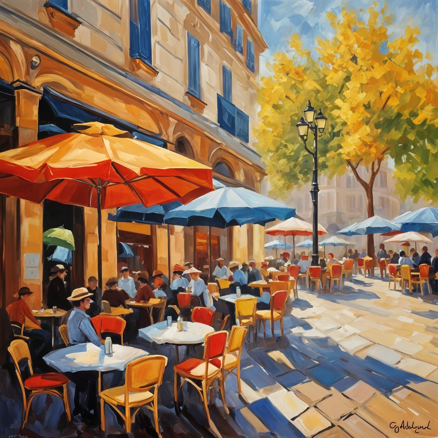 Impressionist Oil Painting of French Cafe Scene