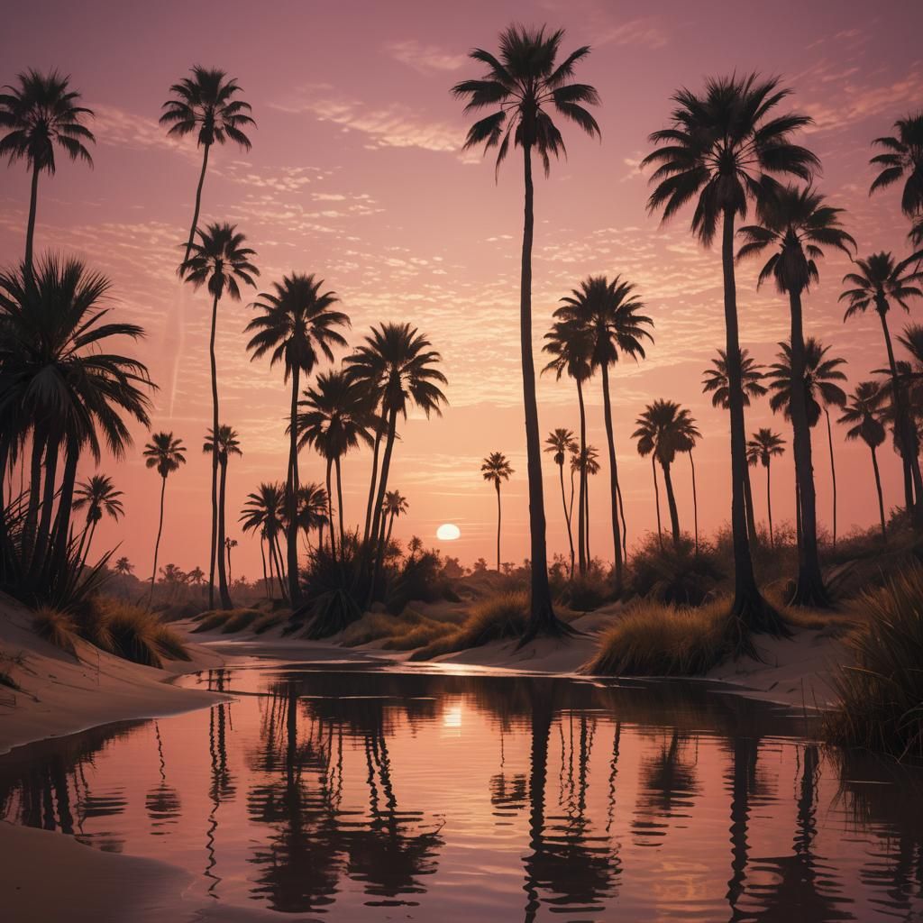 Desert Oasis at Sunset in Deep Color Style