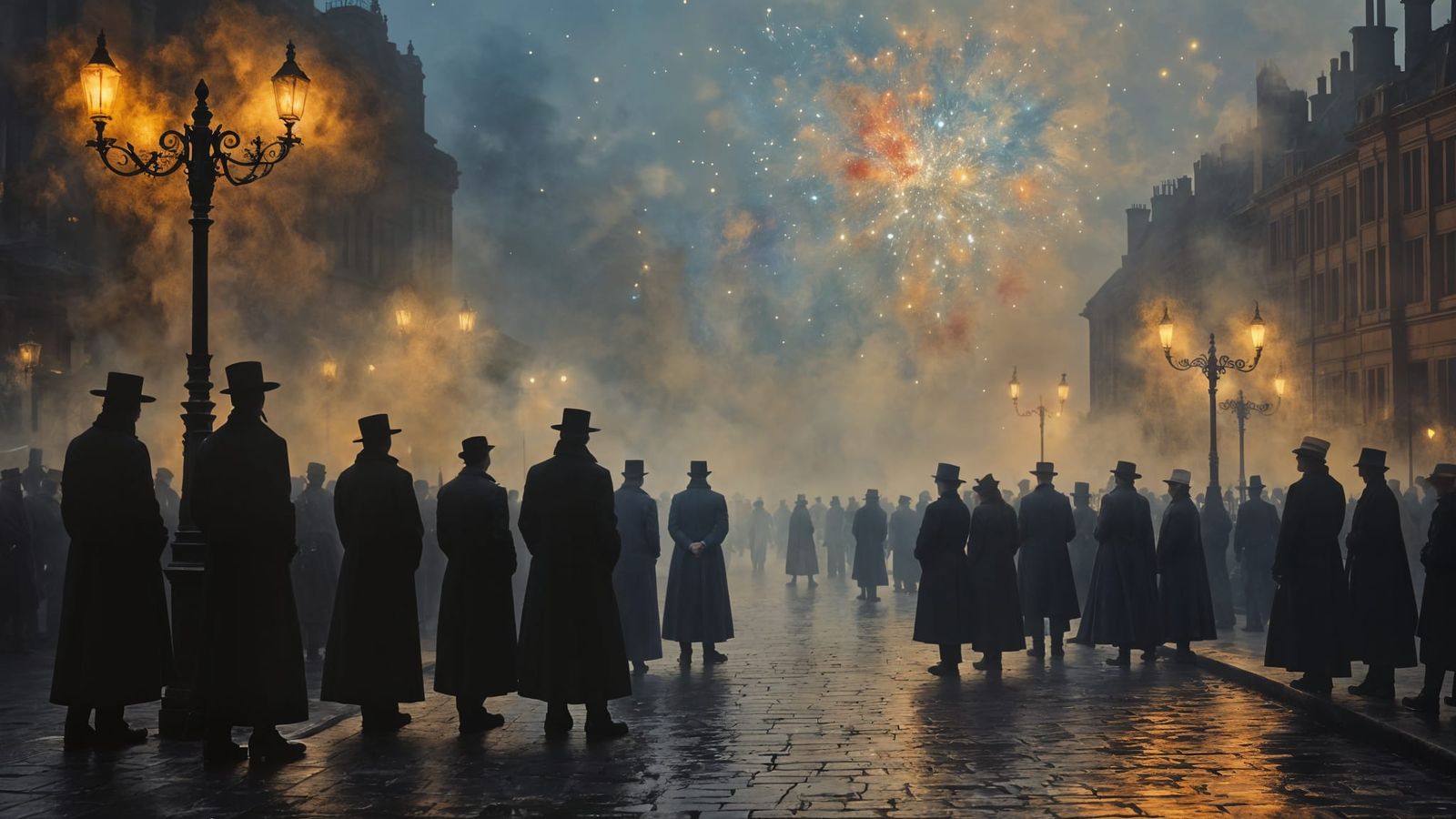 Victorian London Fireworks Display in Oil Painting Style