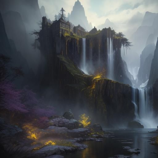 Surreal Dark Fantasy Masterpiece: Waterfall in a Dreamlike R...