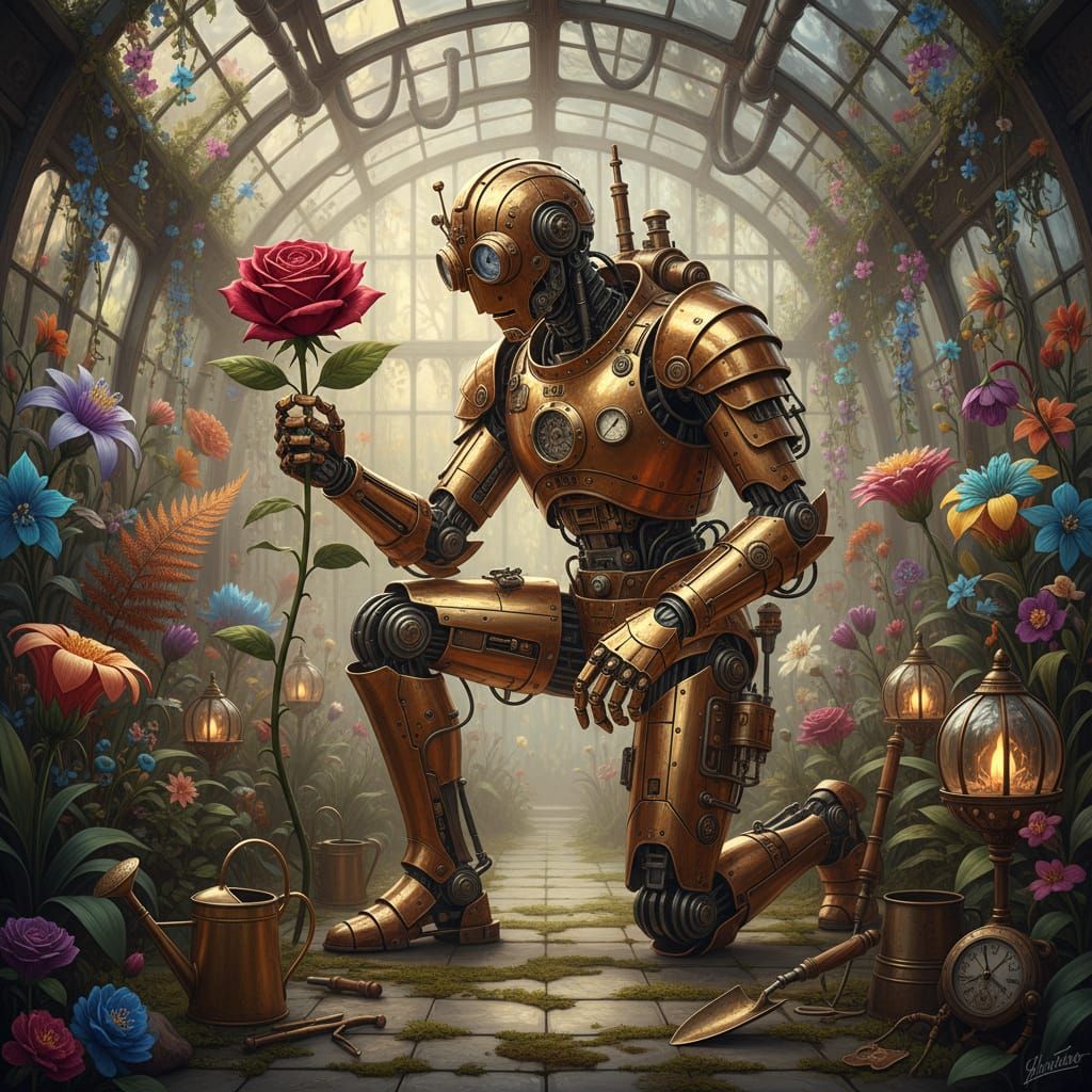 Steampunk Robot in Edwardian Greenhouse with Exotic Flowers