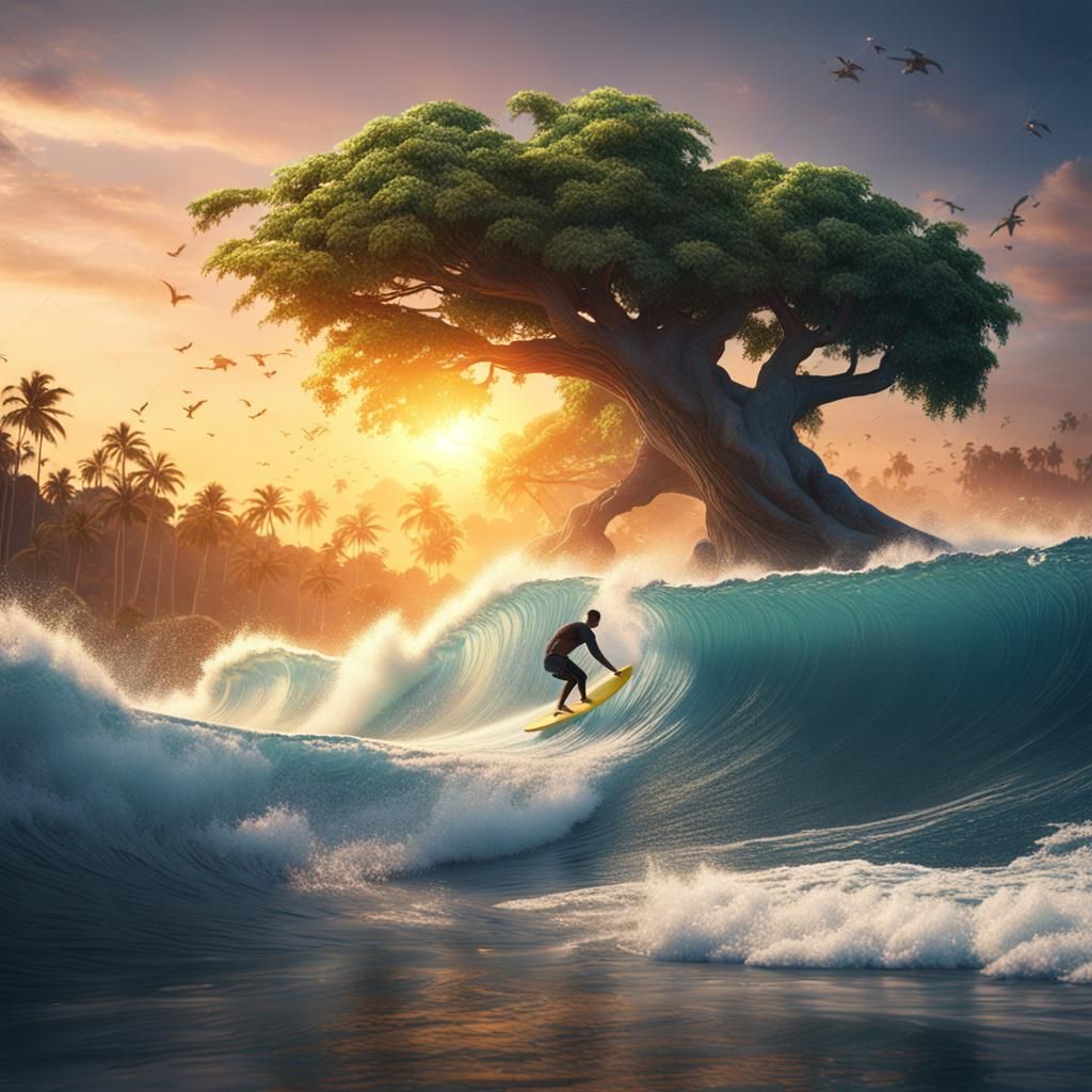 Surfer Rides Sunset Wave: Detailed Fantasy Concept Art