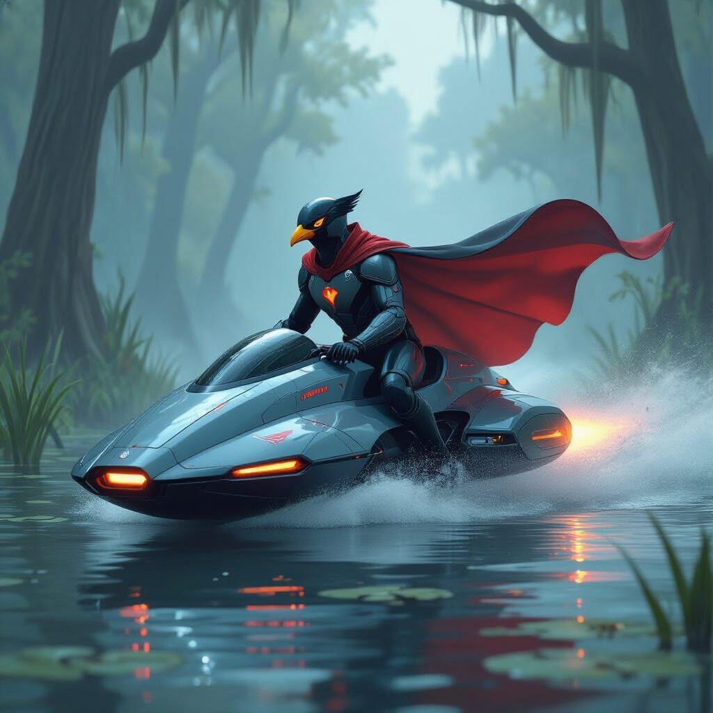 Bird Superhero Rides Speeder Through Misty Swamp