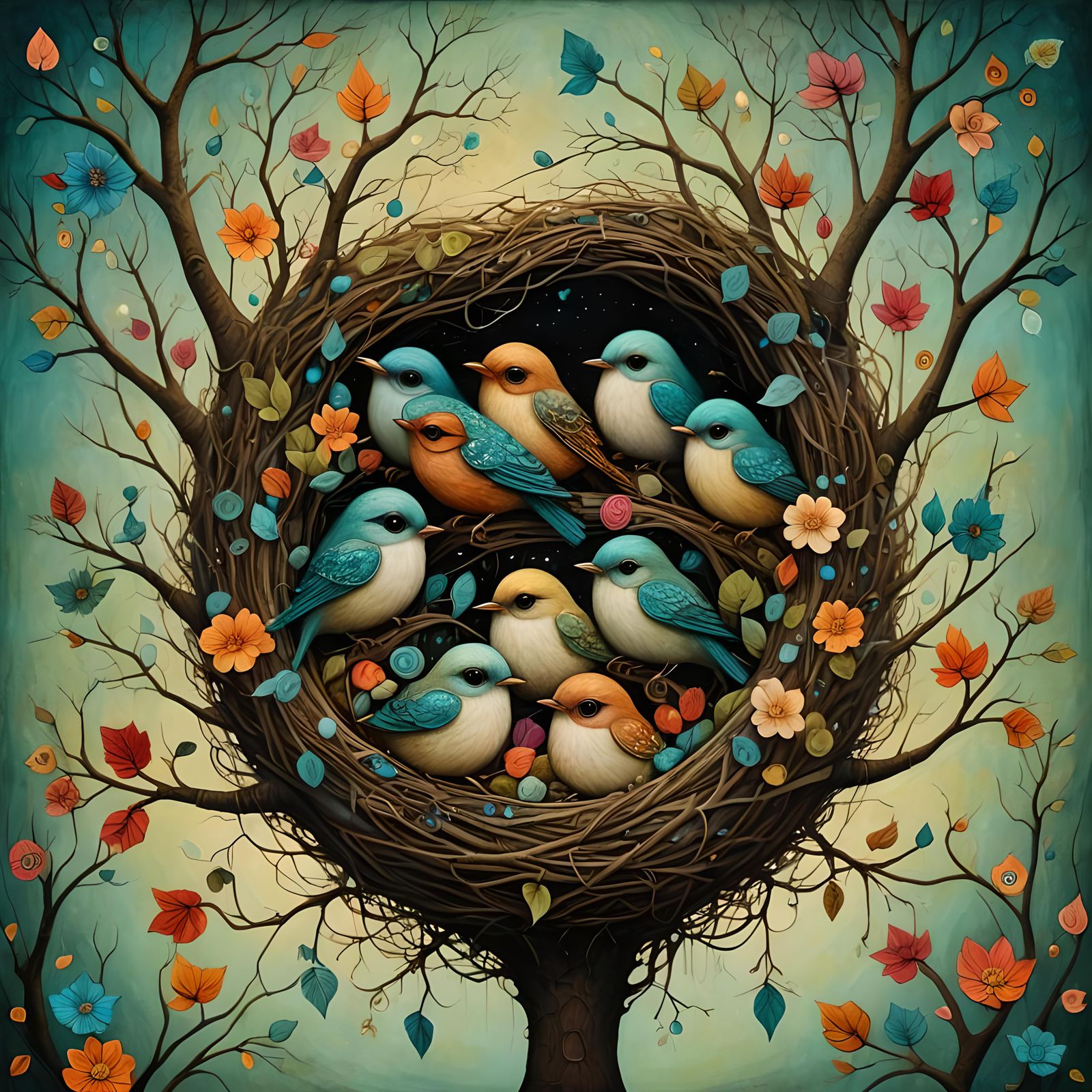 Dreamlike Nest of Baby Birds in Art Brut Style