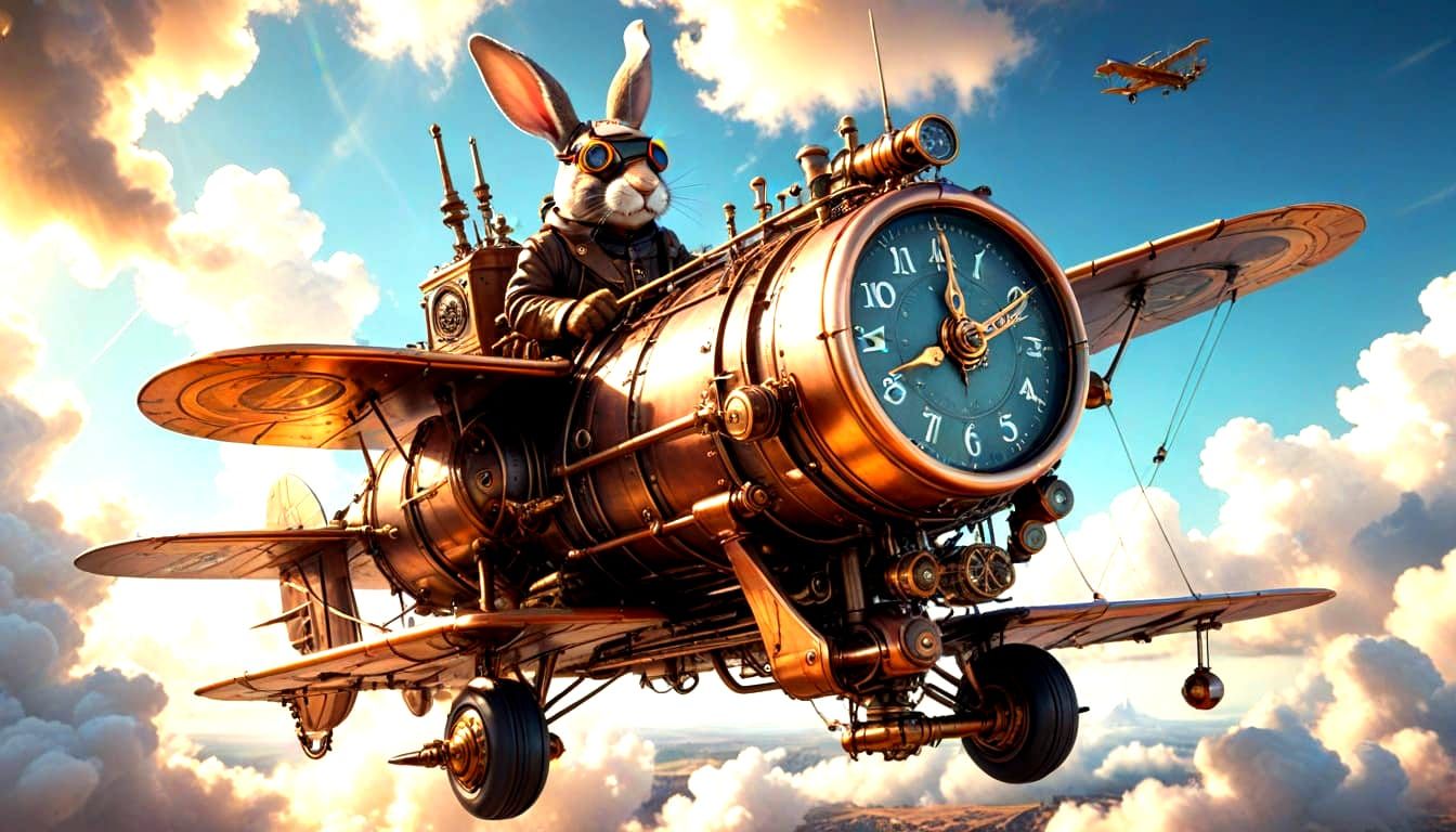 Steam-Powered Aviator Rabbit Soars Through Vibrant Skies