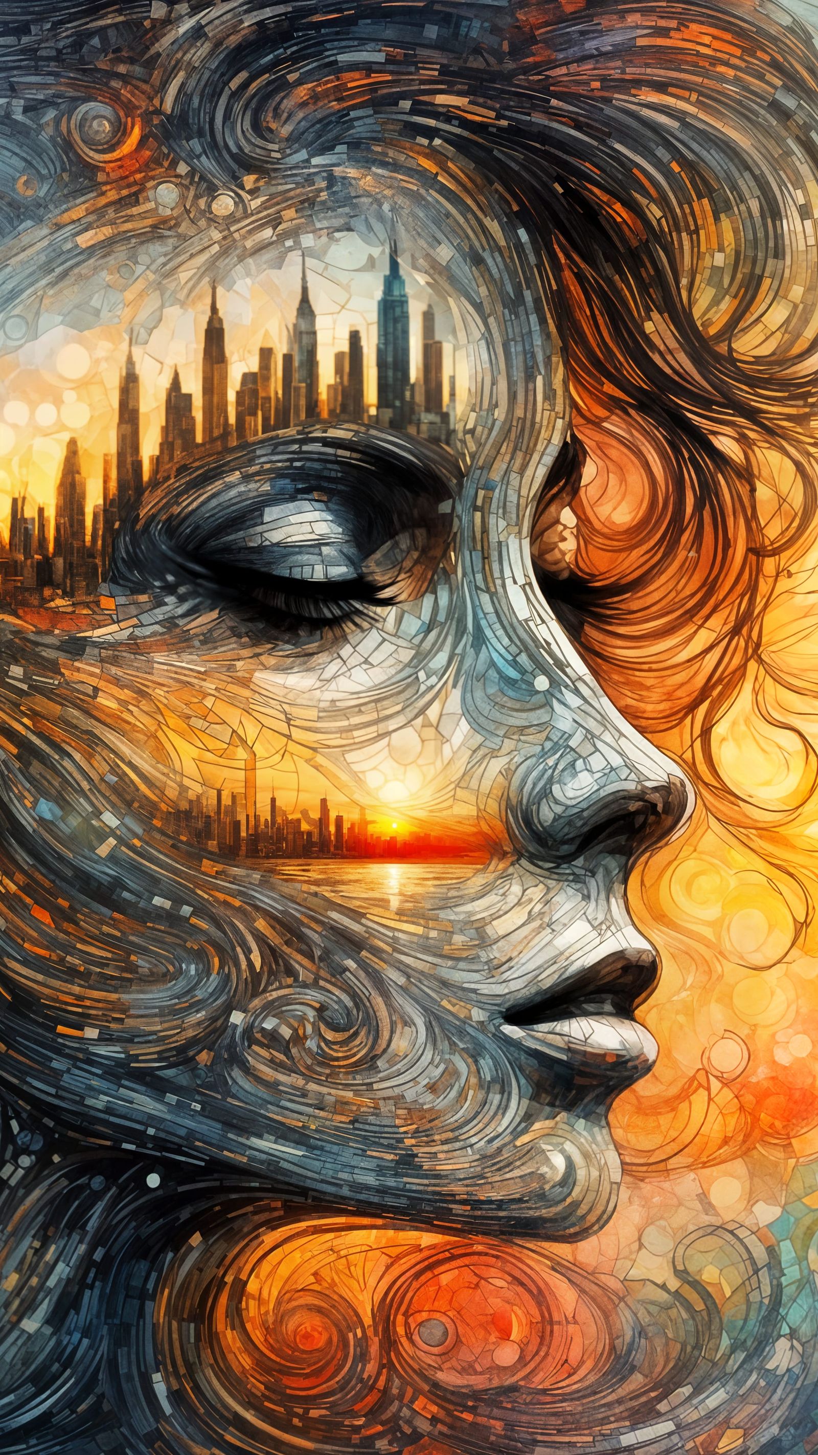 Mosaic Double Exposure: City, Sunset, and Mind