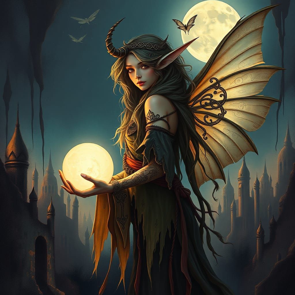 Moonlit Fairy Elf Gypsy with Crystal Ball