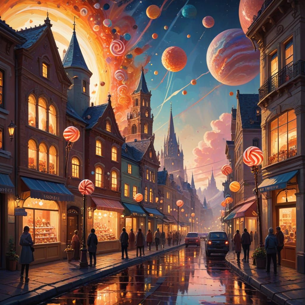 Candy Metropolis with Chocolate Rivers in Gouache Style