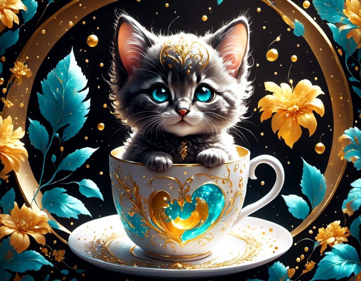 Charming Chibi Kitten in Coffee Cup