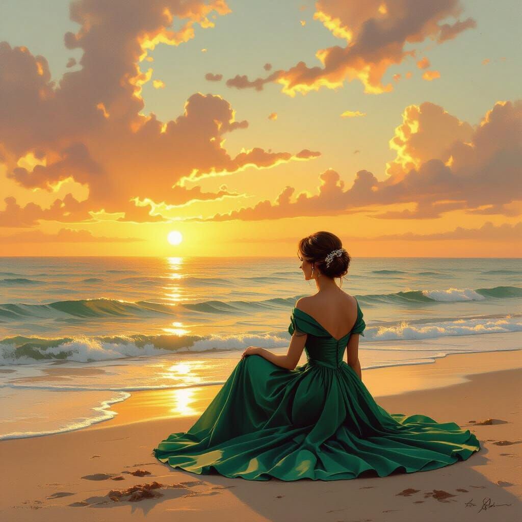 Woman in Emerald Dress at Golden Sunset Beach