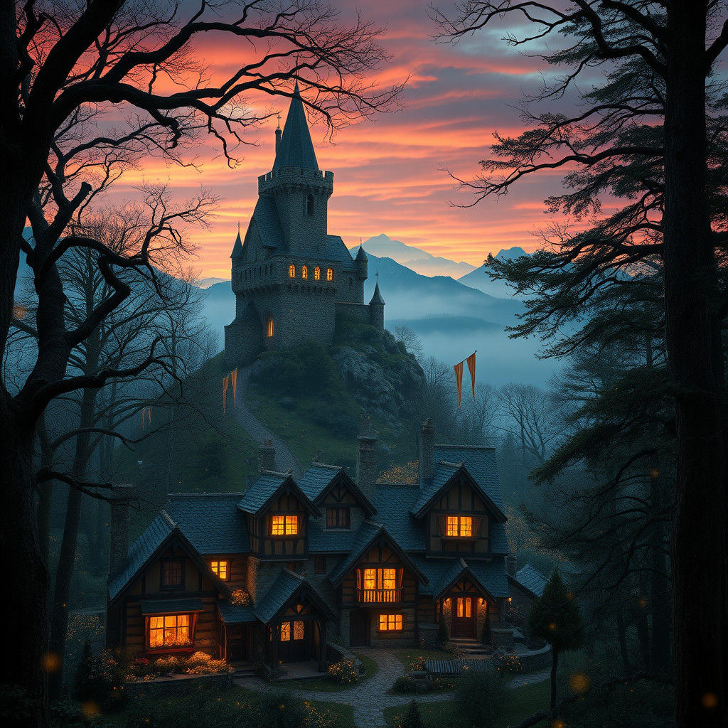 Mystical Forest Village Landscape with Castle