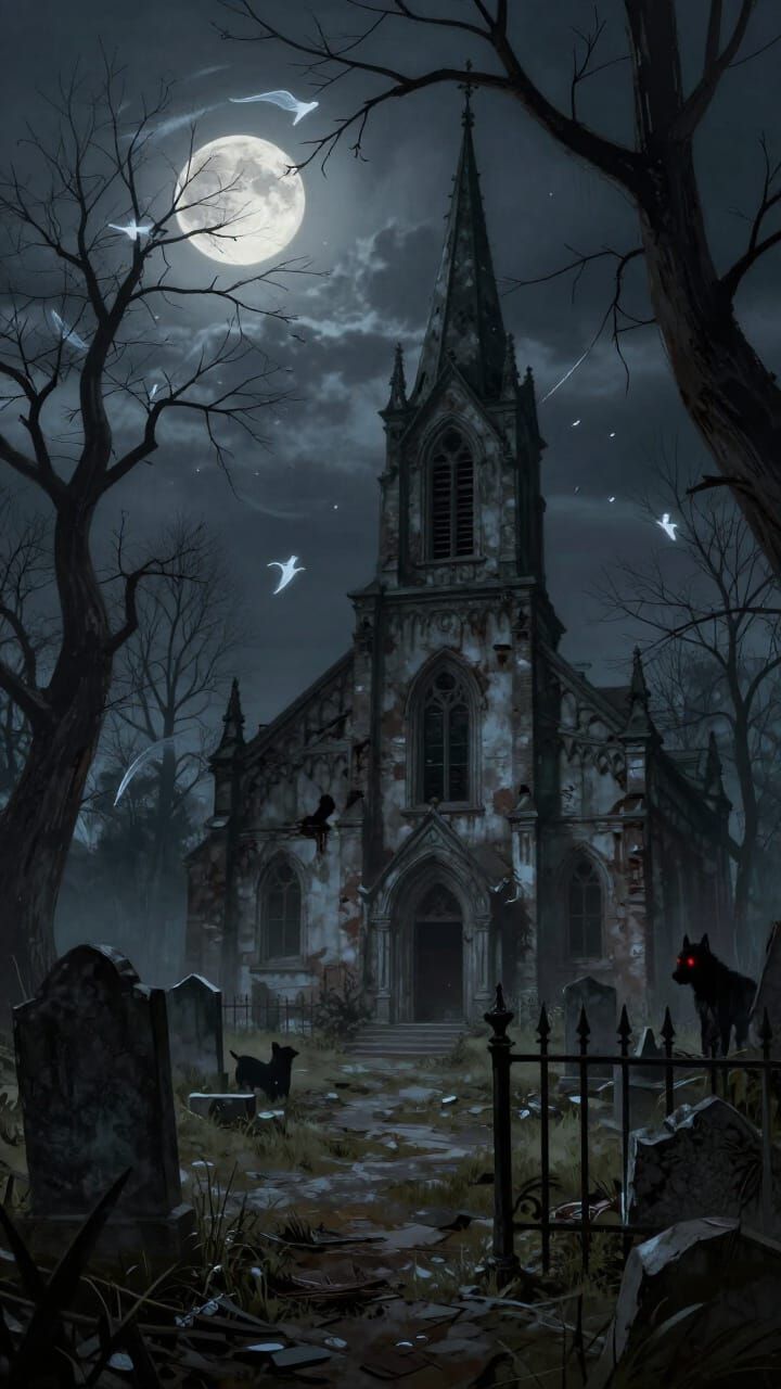 Ethereal Moonlit Graveyard with Dancing Wisps