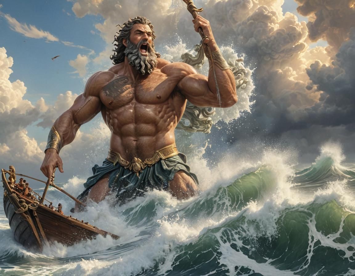 Gigantic Poseidon Rising from the Ocean in Hyper-Realistic D...