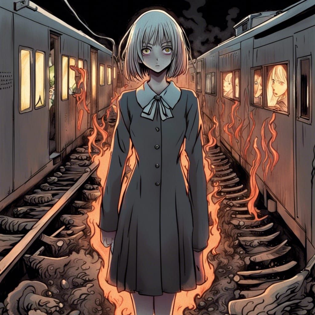 Haunted Train Yard in Junji Ito Manga Style