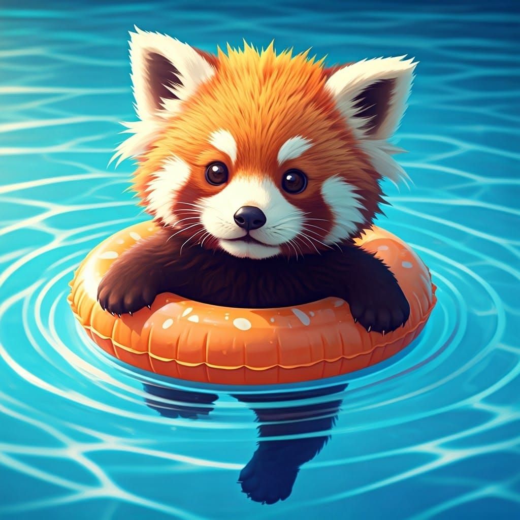 Baby Red Panda in Pool, Anime Art