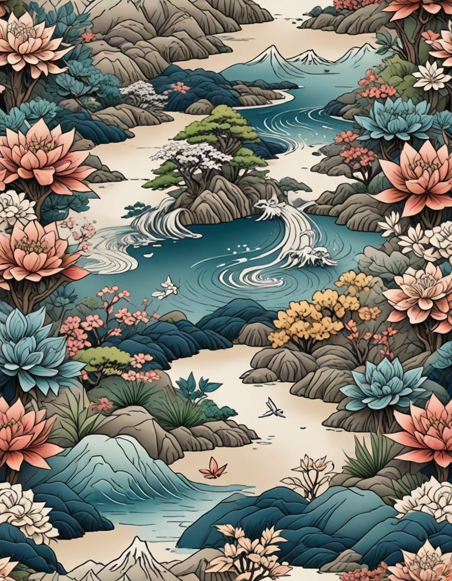 Traditional Japanese Zen Garden Scene in Muted Ink Tones