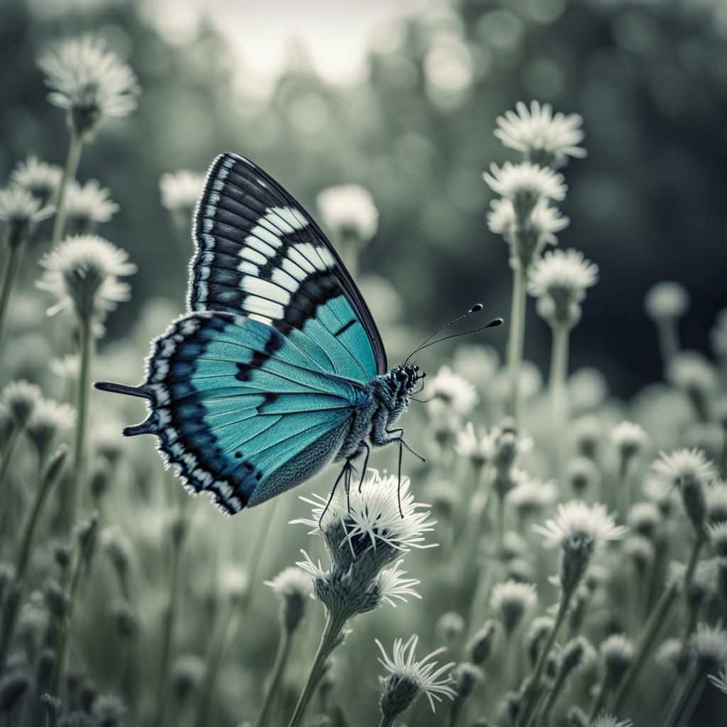 Blue and Green Butterfly in Black and White Meadow