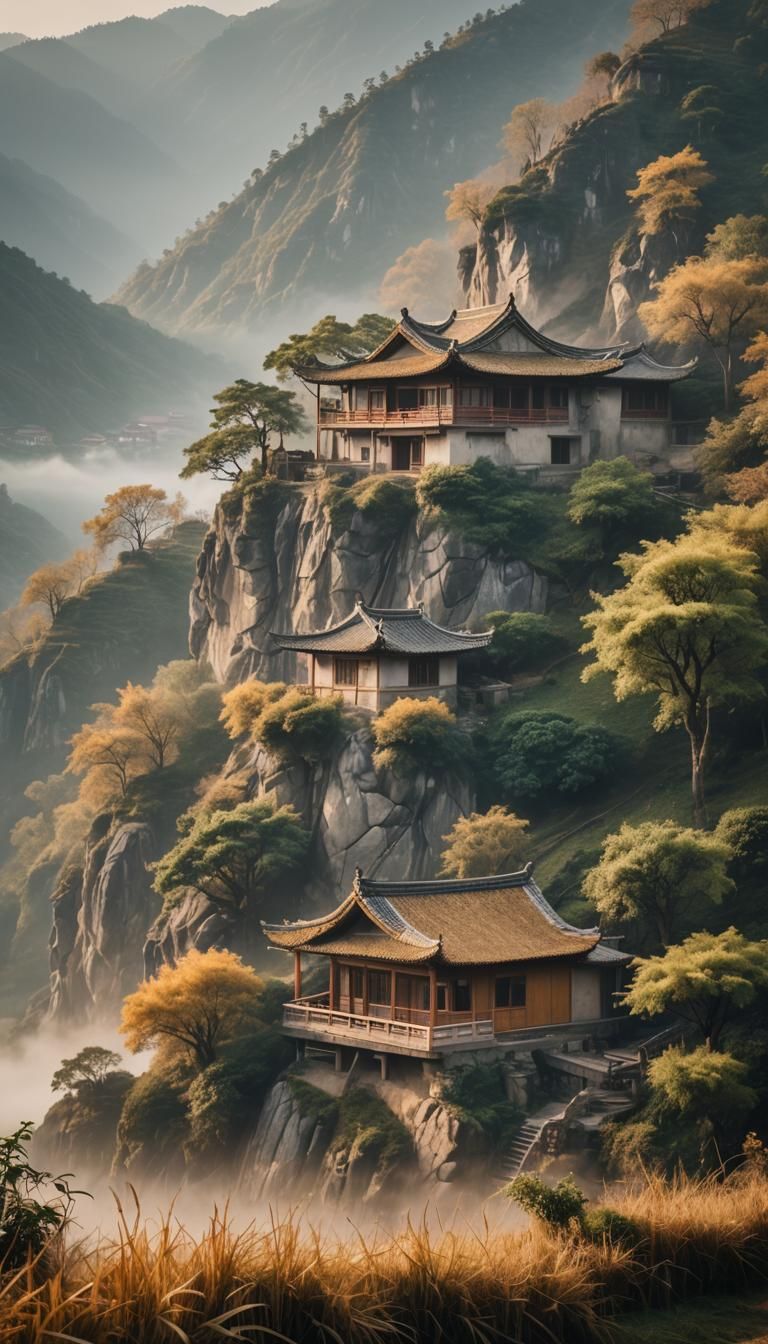 Serene Chinese House in Misty Mountains: Cinematic Film Stil...