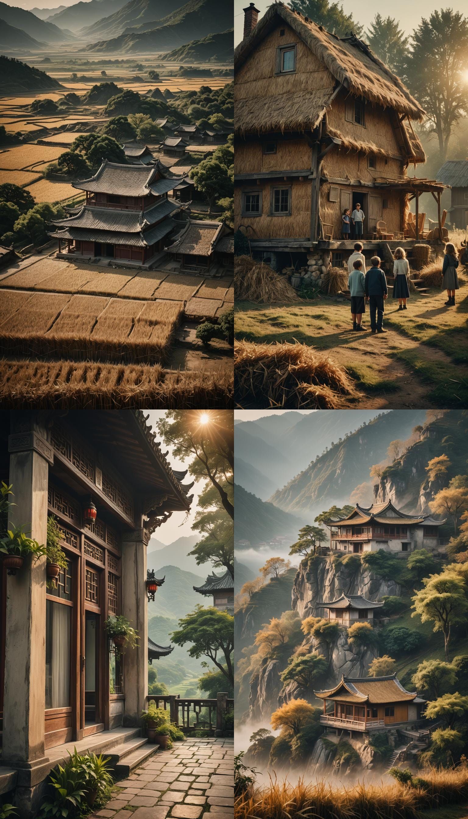 Cinematic Estate with Straw House in Film Grain