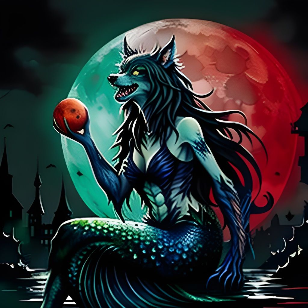 Werewolf Mermaid Howling at Red Moon in Ink Splatter