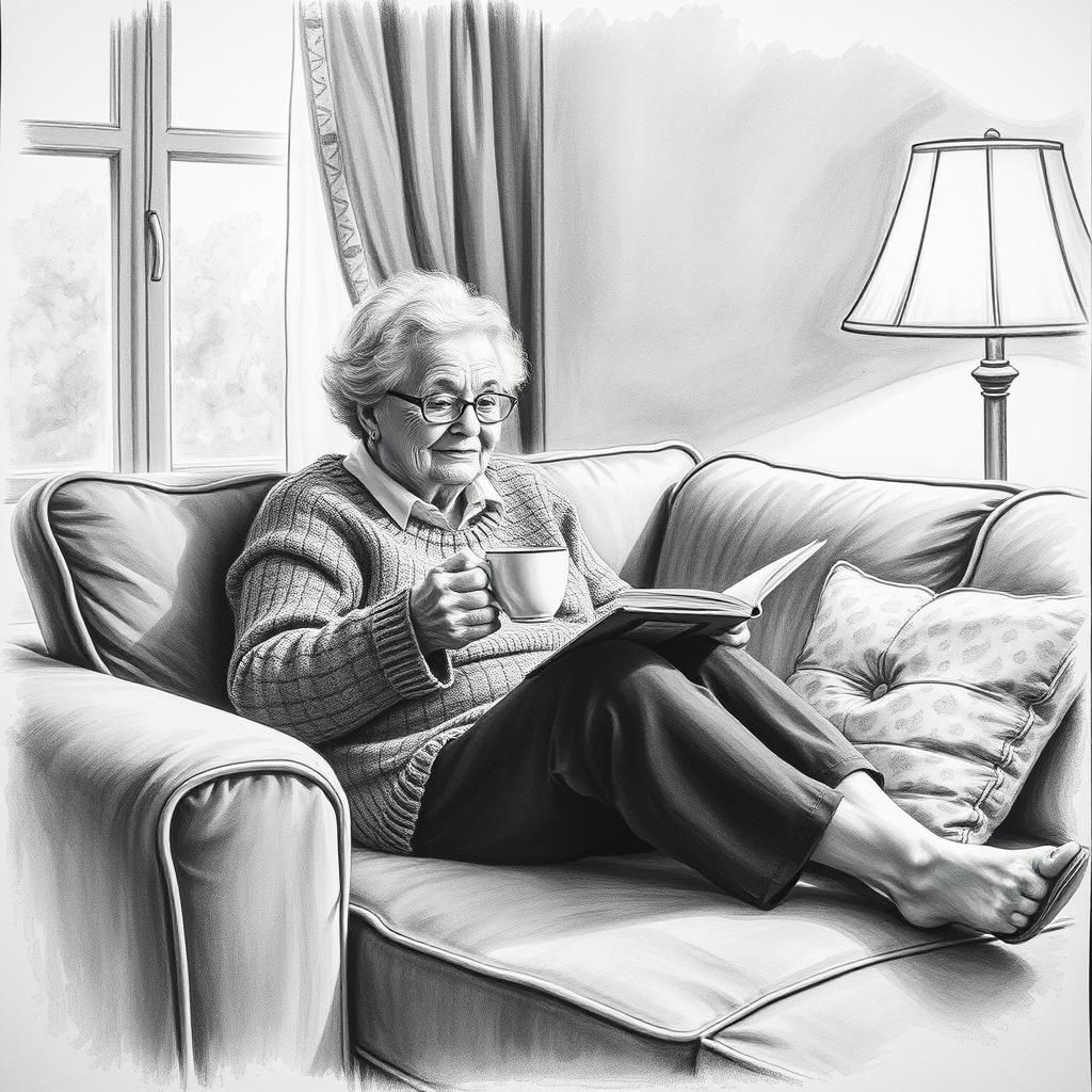 Grandma makes herself comfortable on the sofa with a cup of tea and a book. Add a sentence in German: I wish you a nice ...