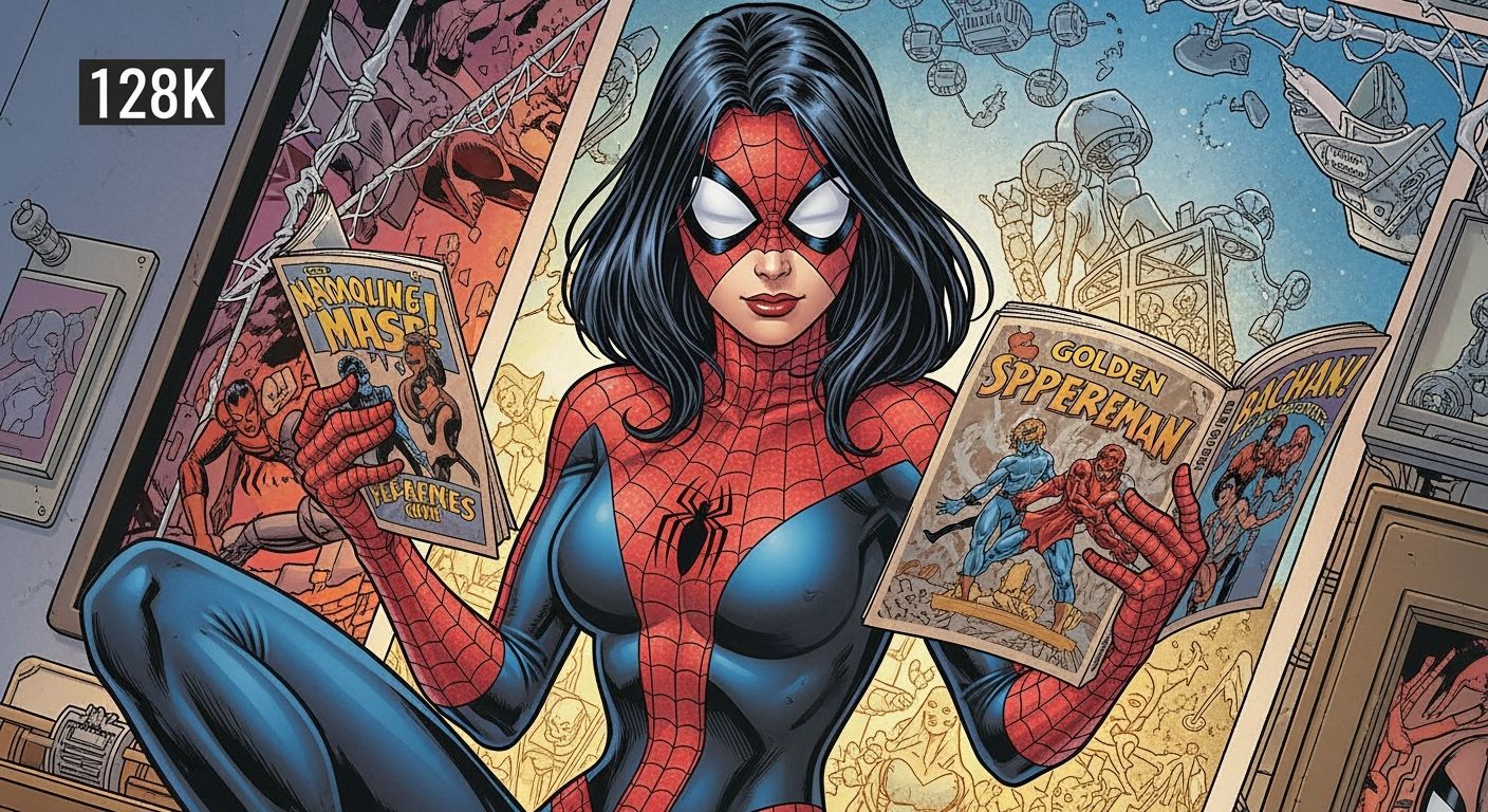 Spider-Woman in Bathing Suit Reads Golden Age Comic
