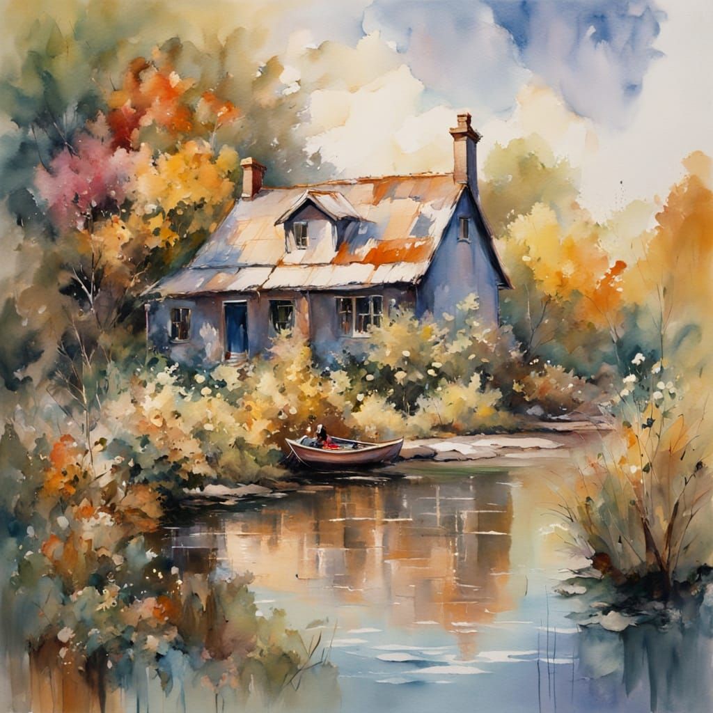 Twilight Cottage Beside Lake, Impressionist Gouache Painting