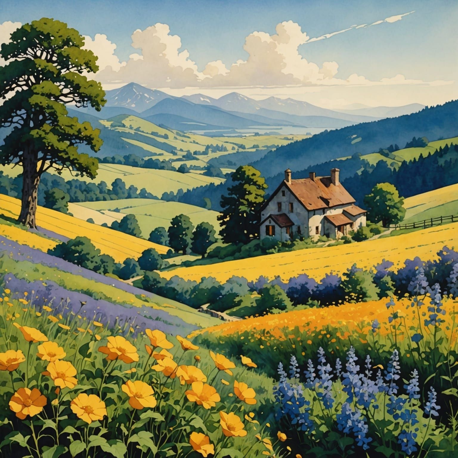 Watercolor Countryside Landscape in Parrish Anime Style