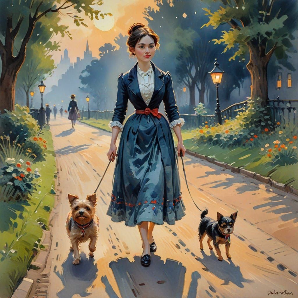 Elegant Lady and Playful Dog in 1900s Impressionist Masterpi...