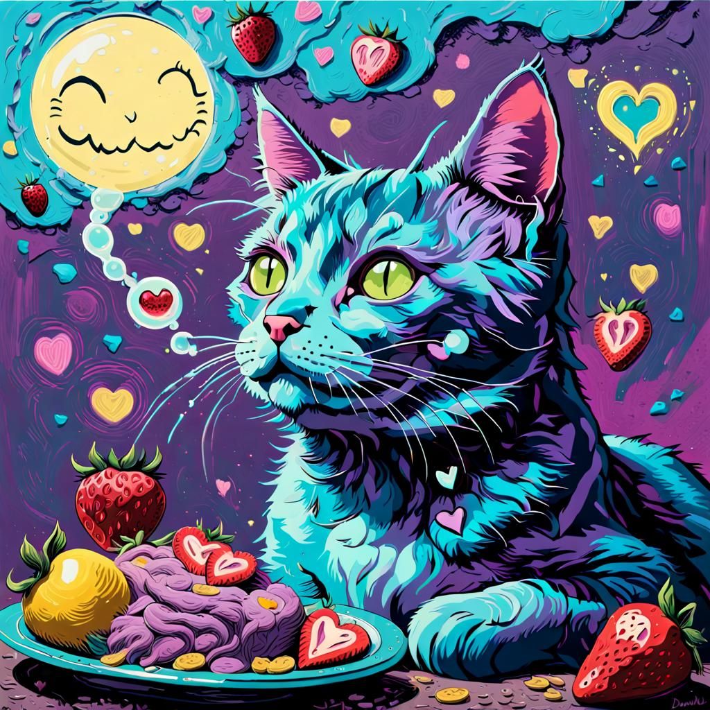 Cat's Neon Dream: An Impasto Painting in 1980s Style