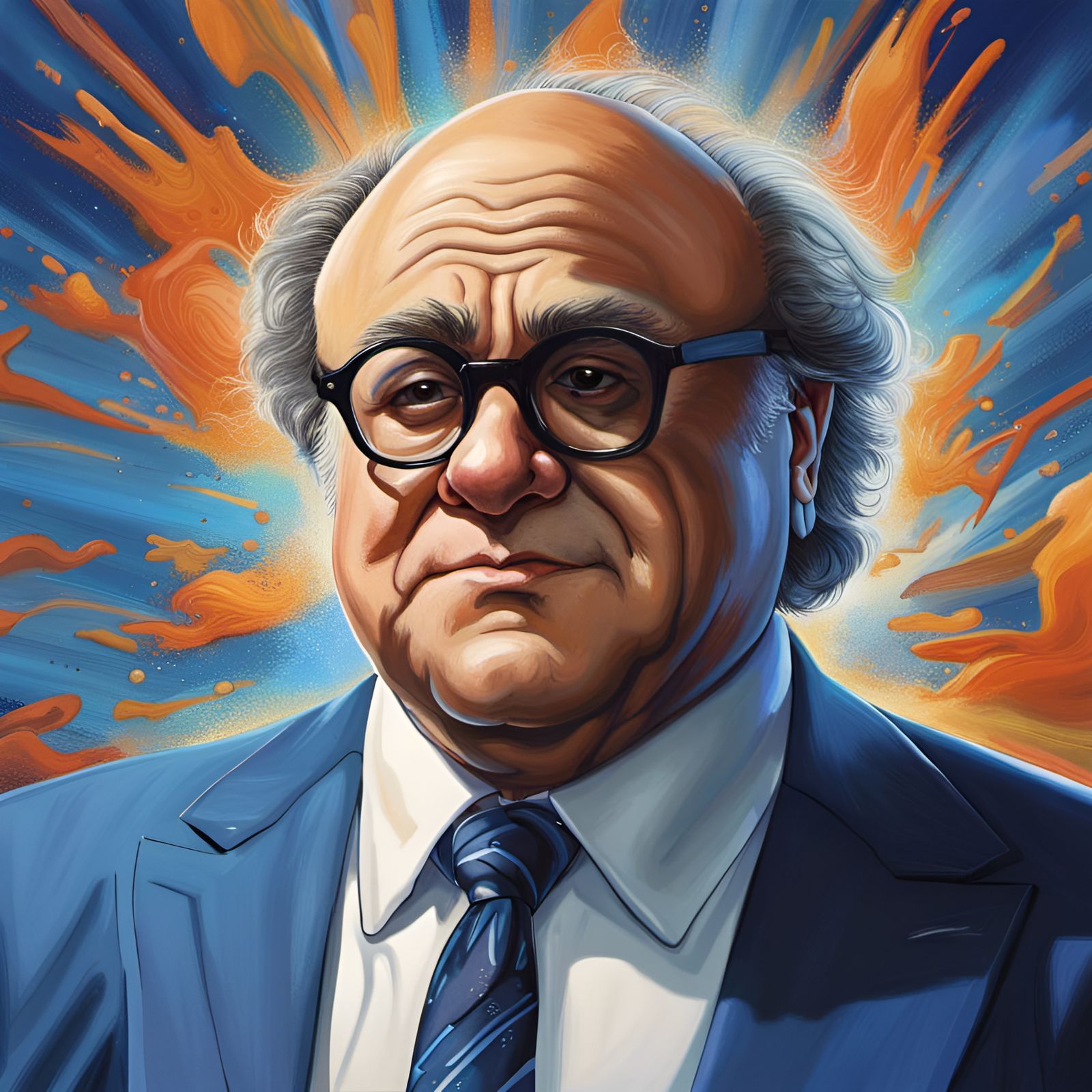 Danny DeVito in Hyperrealistic Blue Suit Portrait