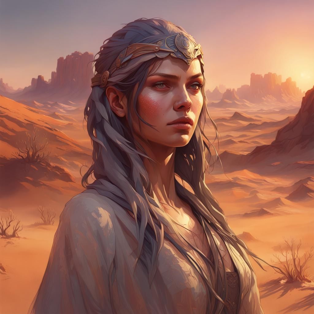 Hyperdetailed Desert Sunrise Portrait in Art Nouveau Style
