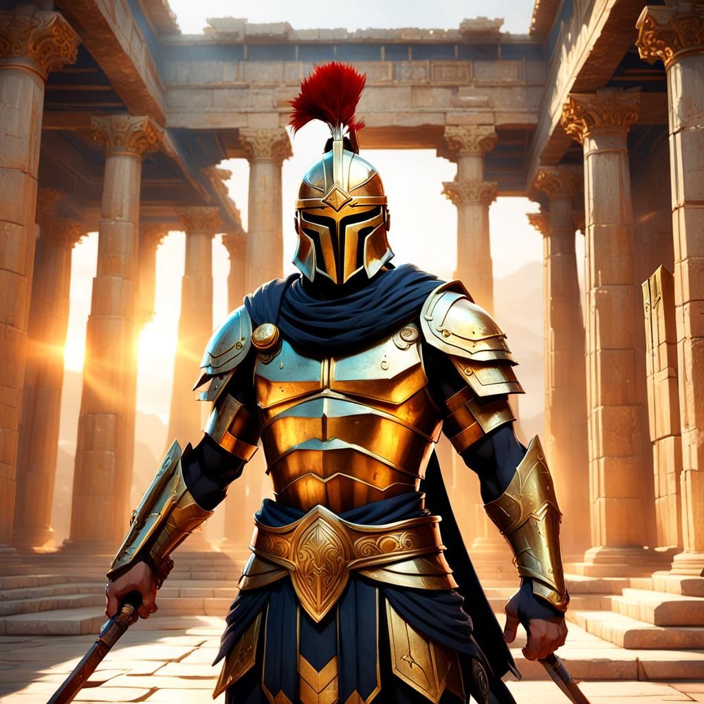 Spartan Warrior in Ancient Greek Temple: Anime Art