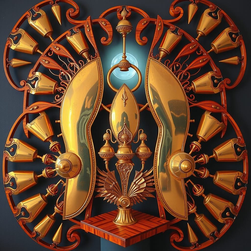 Brass and Wood Abstract Sculpture with Swirling Shapes