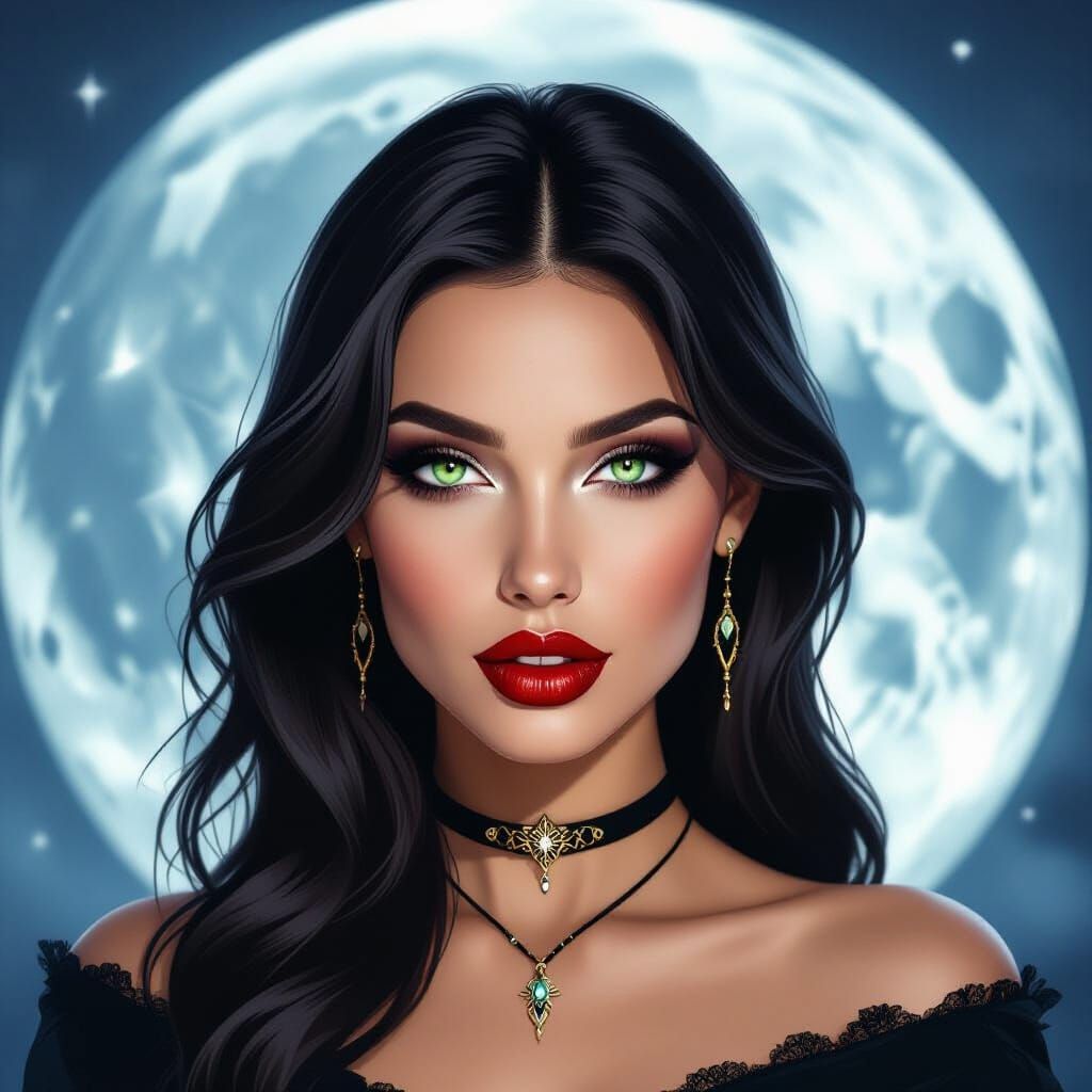 Moonlit Vampire Seductress with Green Eyes