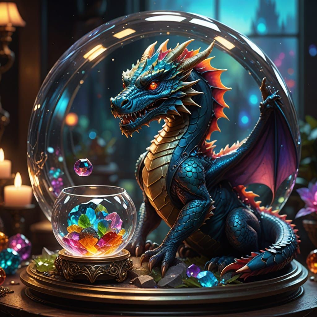 Miniature Baby Dragon Surrounded by Glowing Jewelry in a Gla...