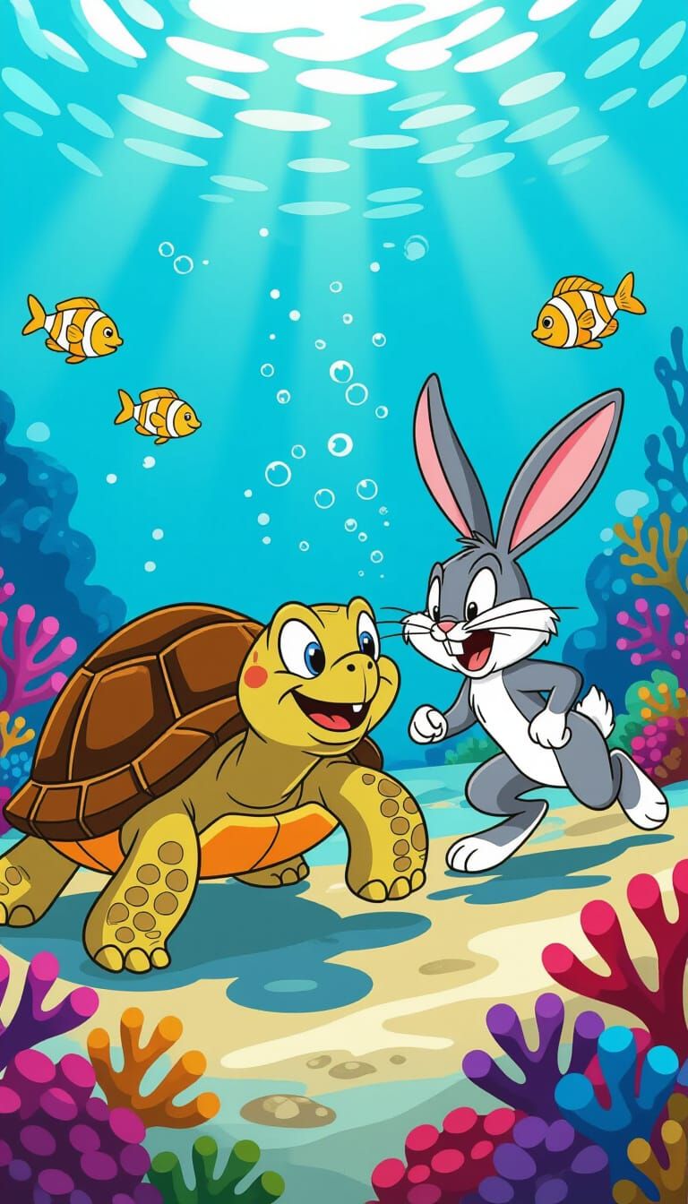 Underwater Race: Tortoise Beats Hare in Cartoon Style