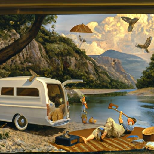 Riverside Van Life: A Baroque Storybook Illustration