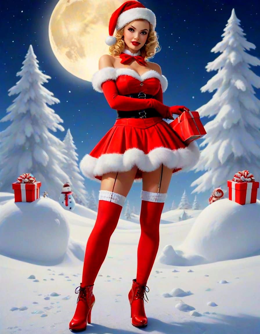 Leggy Pin-up Girl Stands in Winter Wonderland