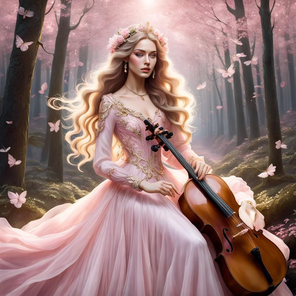 Brunette Girl with Cello in Italian Forest