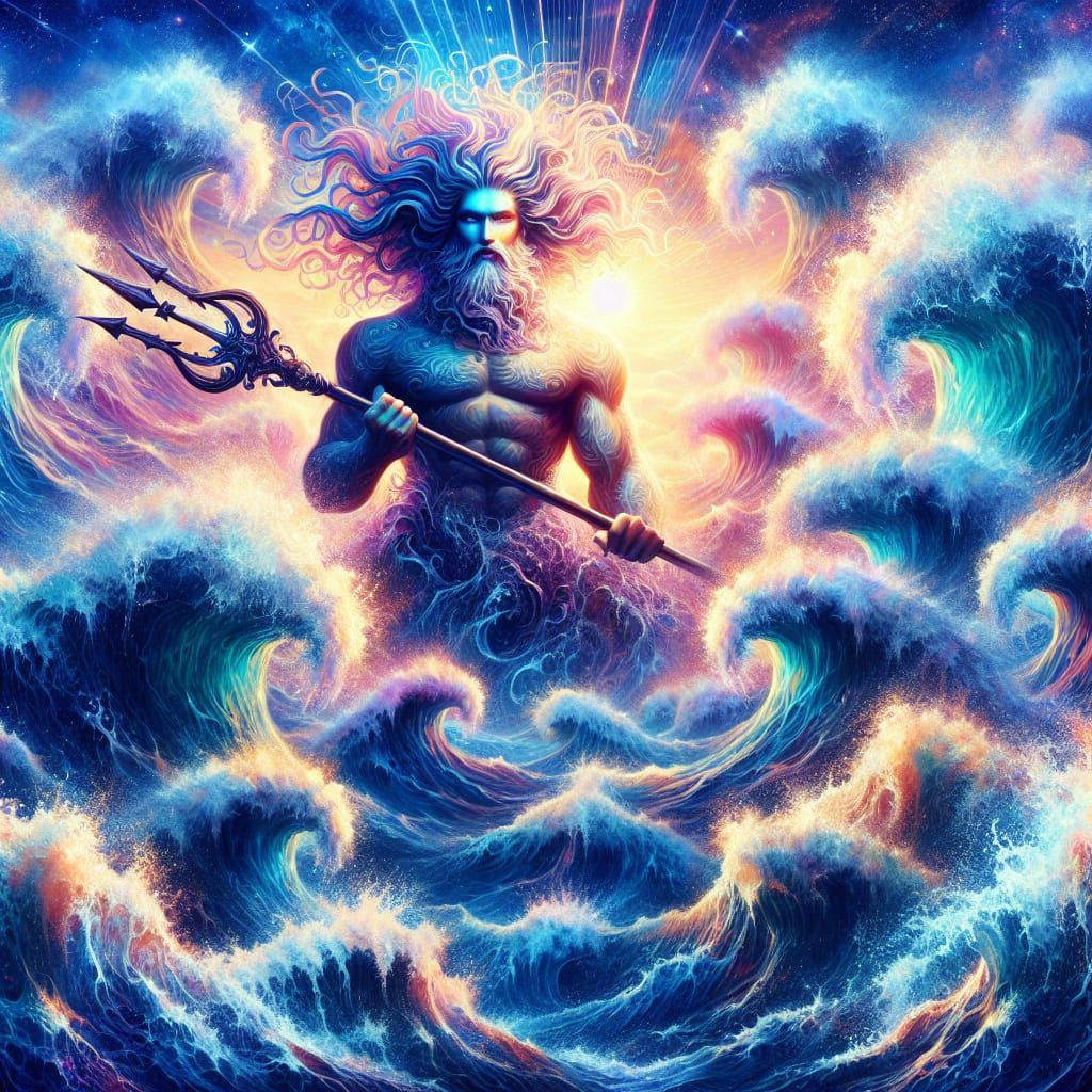 Poseidon Rides Waves Under Moonlight